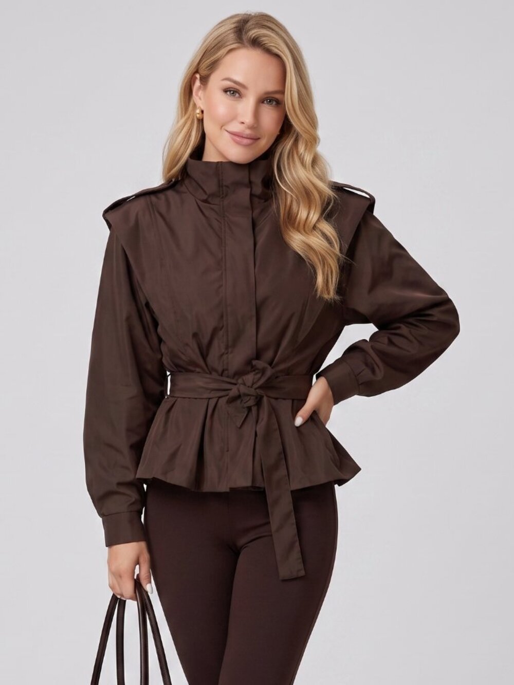 Women's Brown Belted Trench Jacket Stand Collar French Retro Commute Coat